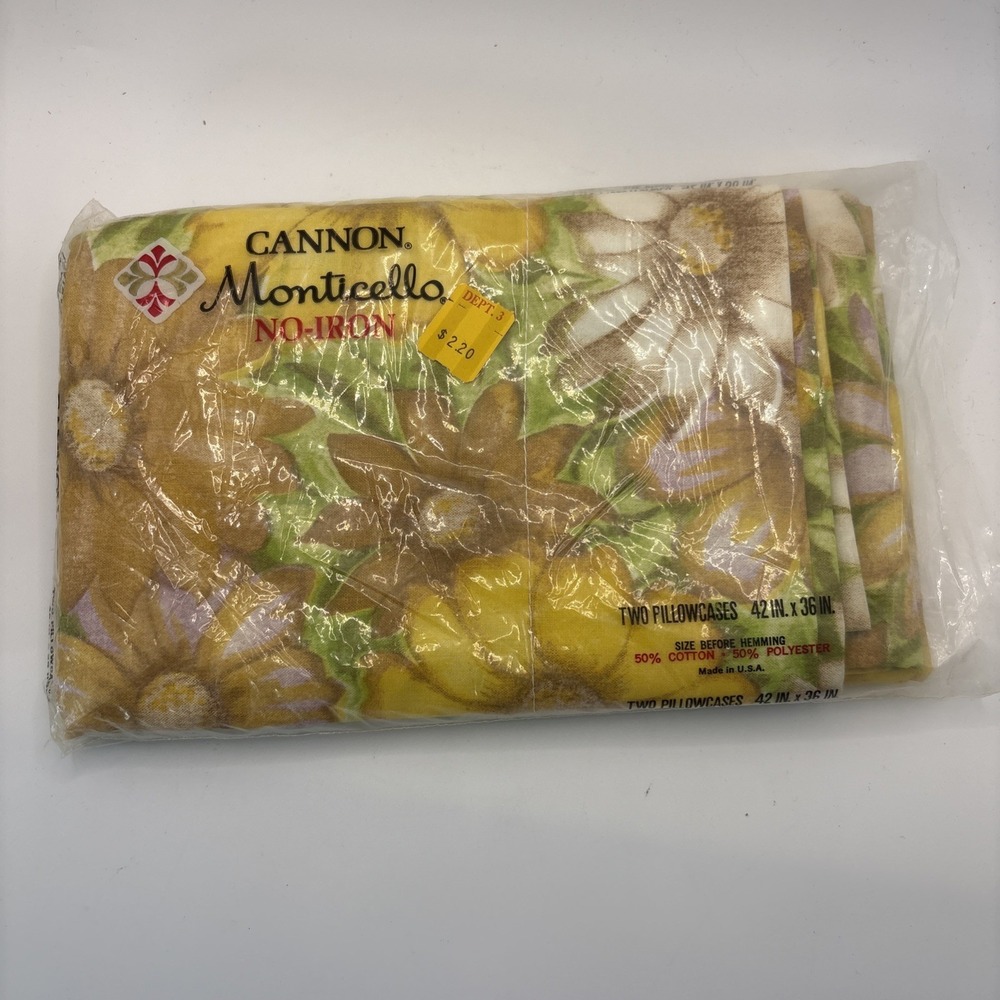 Vtg Cannon Monticello No Iron Pillowcases Mod Floral Hippie Boho NOS Sunny Daisy